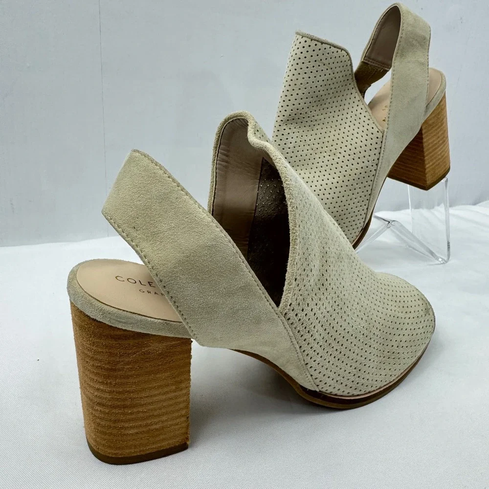 Cole Haan Grand.OS Women Beige Perforated Suede Block Heel Sandals‎ W14726 Sz 9B